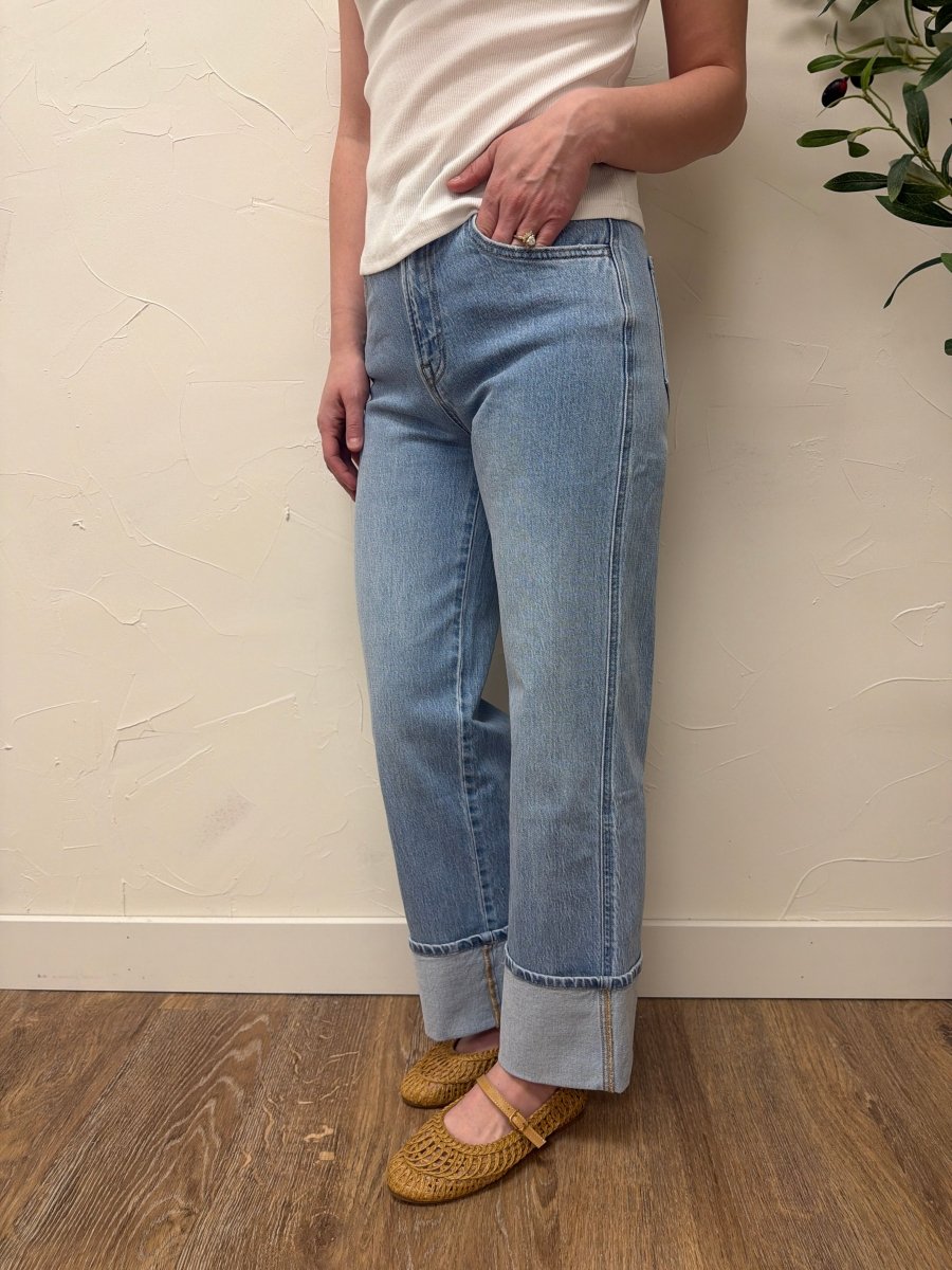 Side view of high rise Vervet denim jeans showing straight leg silhouette — Three:Twelve Boutique