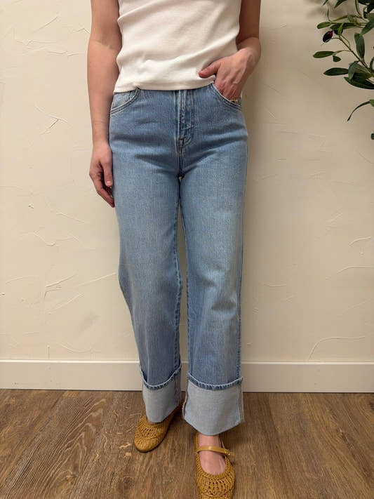 Front view of model wearing high rise cuffed baggy straight Vervet denim jeans — Three:Twelve Boutique