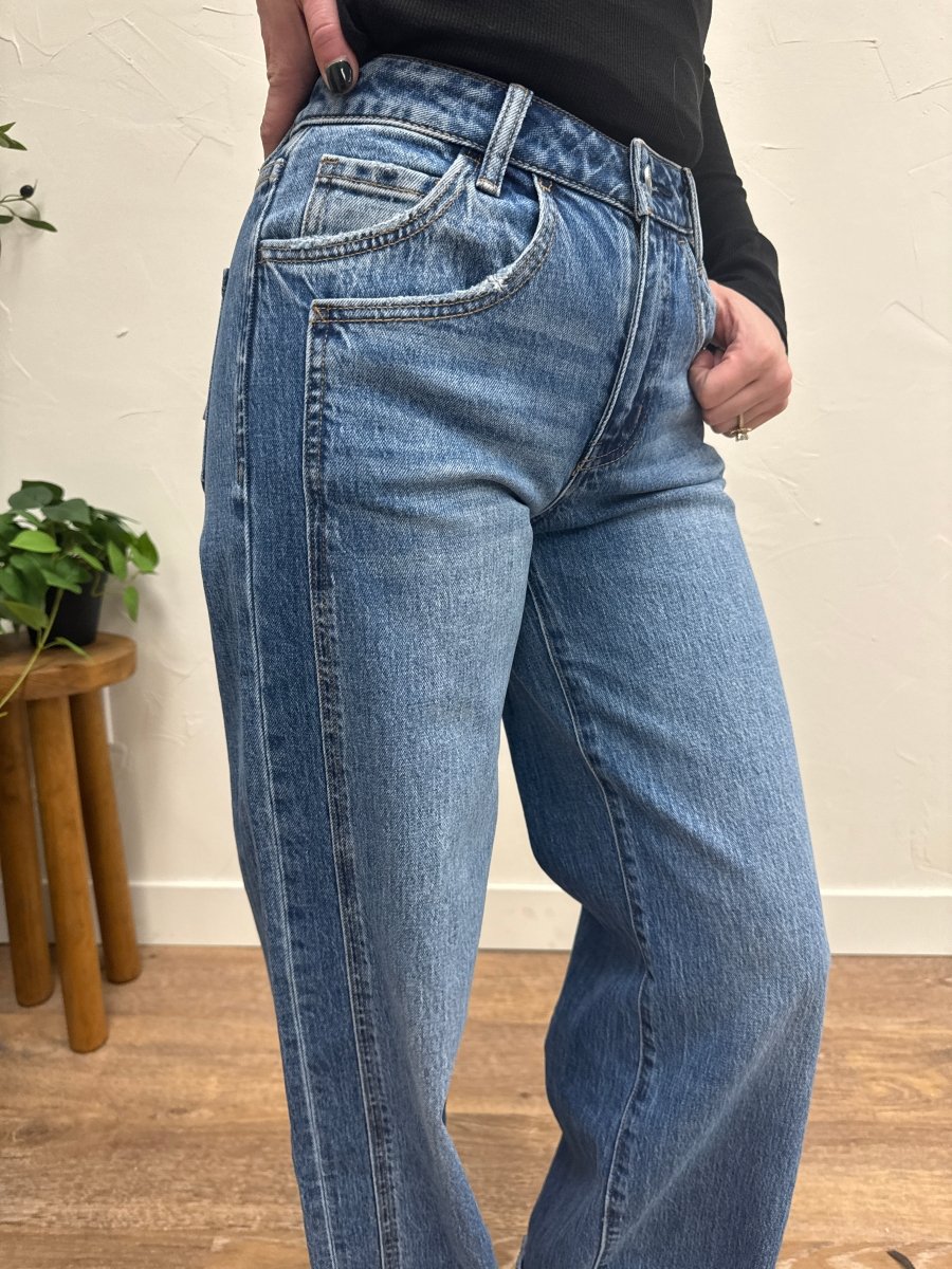 Side view of high rise wide leg jeans showing relaxed silhouette and cuff detail — Three:Twelve Boutique