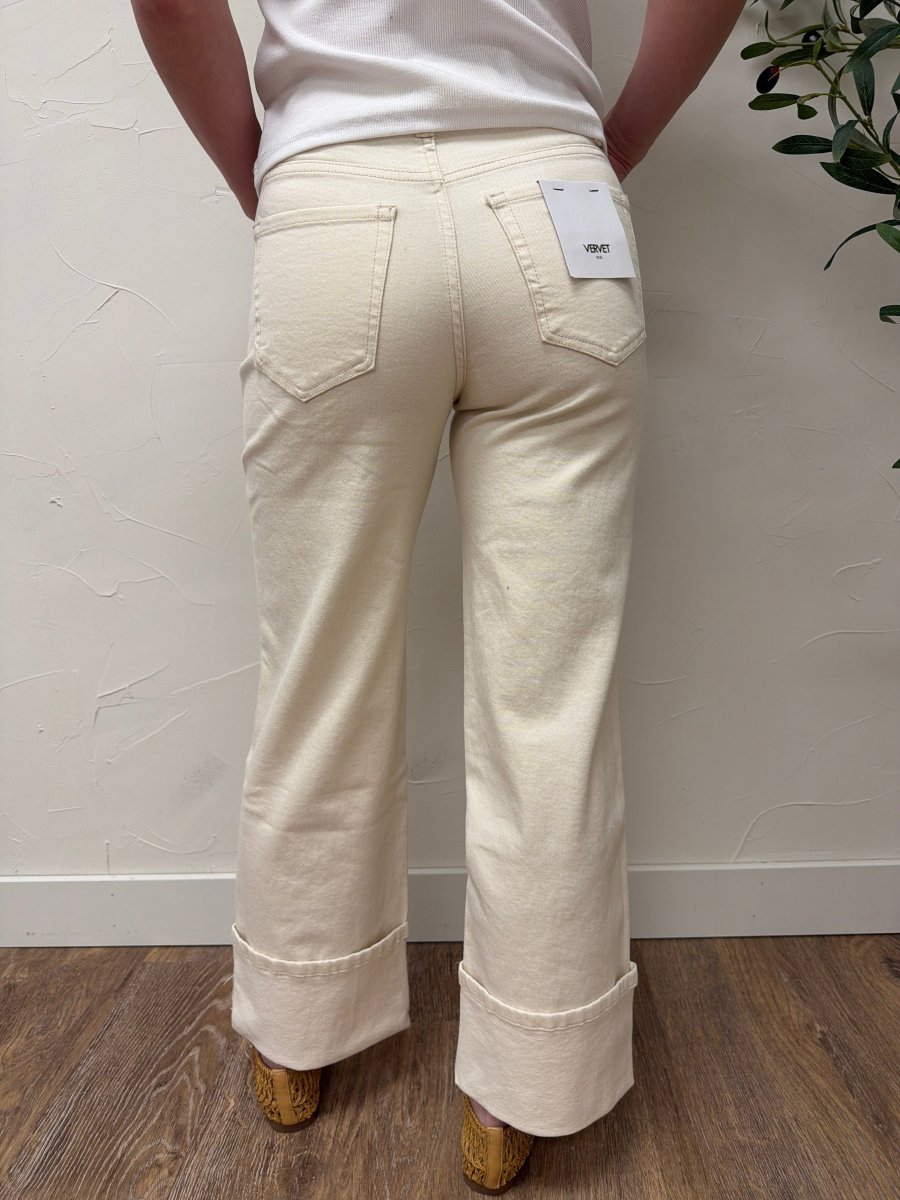 Back view of High Rise Cuffed Wide Leg Vervet Denim jeans on model showing waistband and pocket details — Three:Twelve Boutique