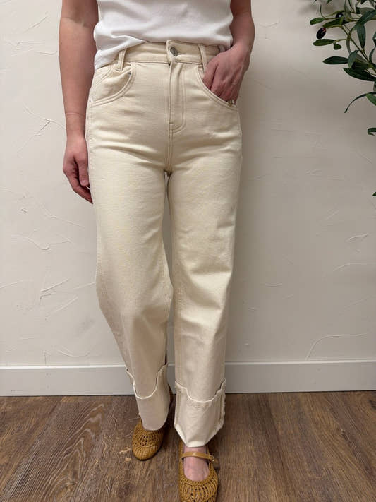Front view of model wearing High Rise Cuffed Wide Leg Vervet Denim jeans showing cuffed hem and relaxed fit — Three:Twelve Boutique