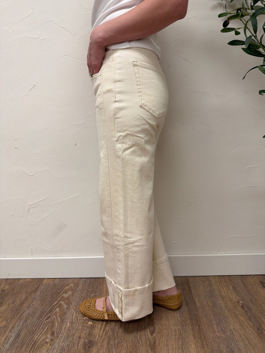 Side view of High Rise Cuffed Wide Leg Vervet Denim jeans showing cuffed hem and wide-leg silhouette — Three:Twelve Boutique