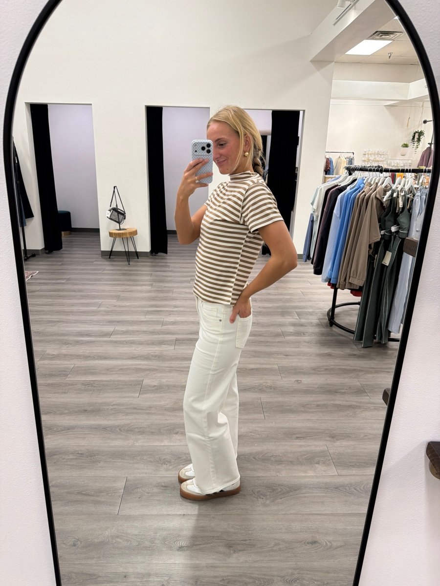 Side view of high rise full length straight jeans showing fit and straight-leg style — Three:Twelve Boutique