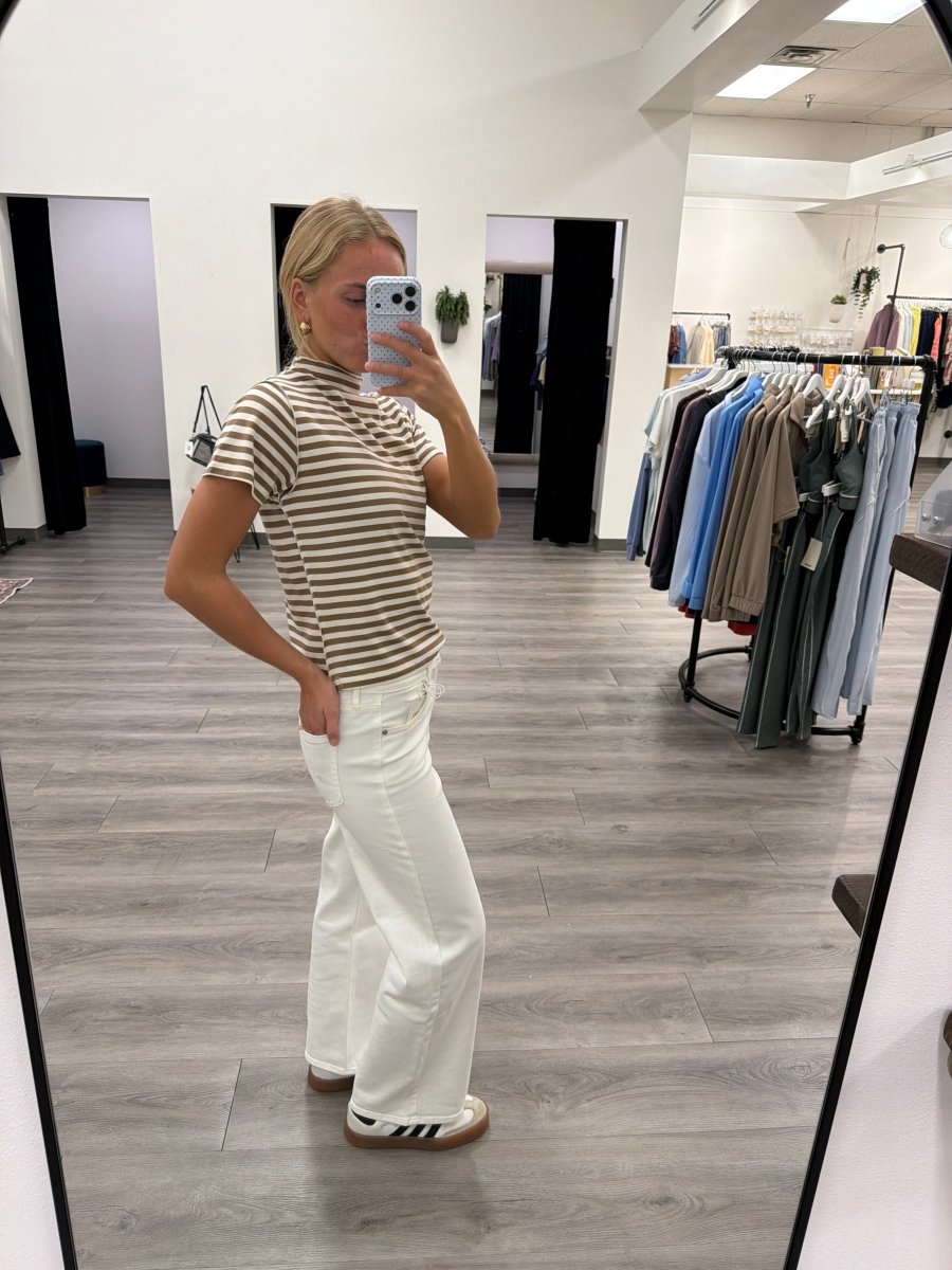 Side view of high rise full length straight jeans showing fit and straight-leg style — Three:Twelve Boutique