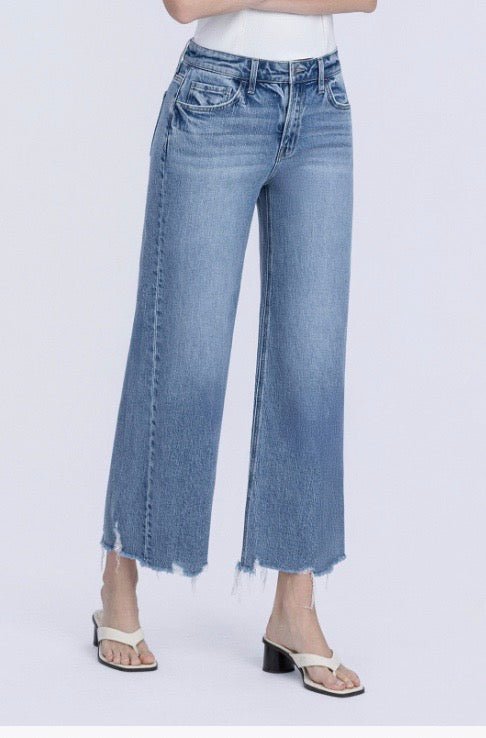 High Rise Raw Hem Slant Side Seam Wide Leg Jeans - Three:Twelve Boutique - VERVET