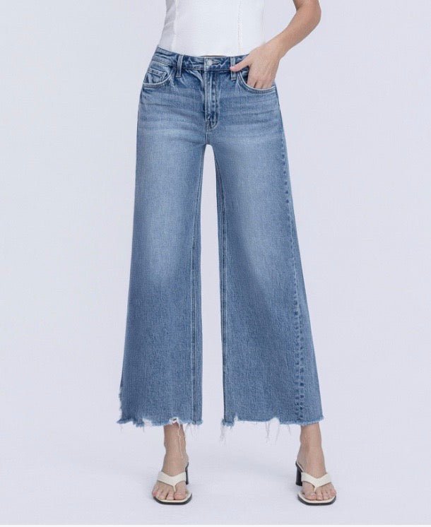 High Rise Raw Hem Slant Side Seam Wide Leg Jeans - Three:Twelve Boutique - VERVET