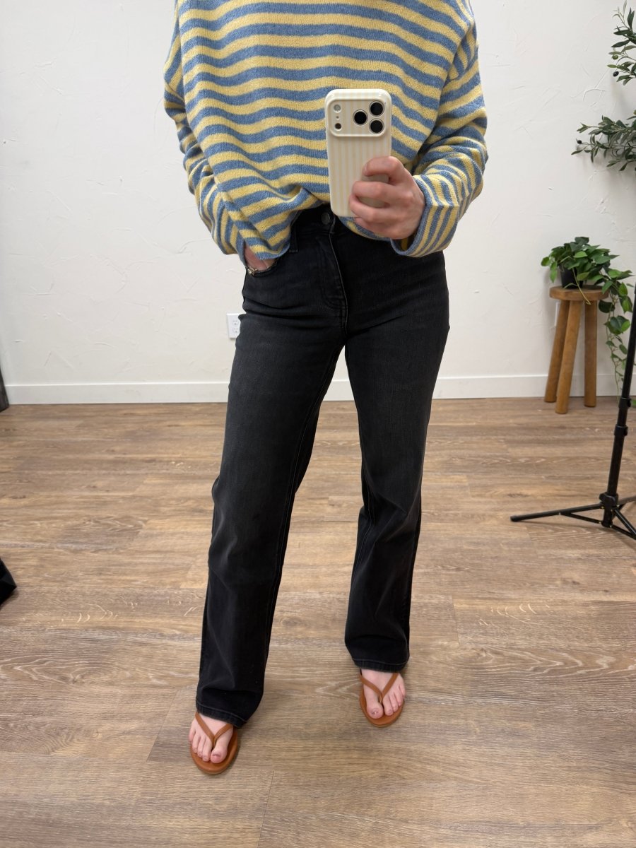 Front view of model wearing high rise wide barrel denim jeans — Three:Twelve Boutique