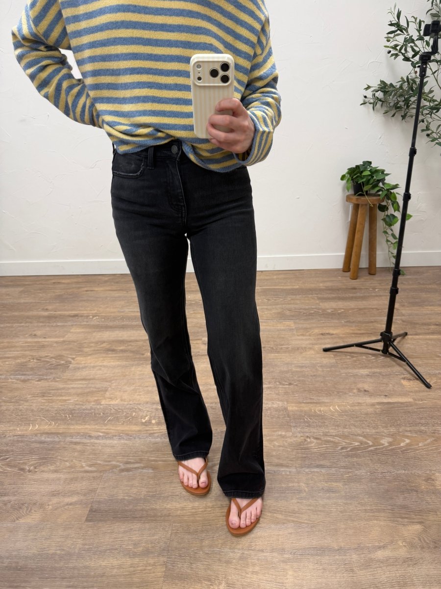 Front view of model wearing high rise wide barrel denim jeans — Three:Twelve Boutique