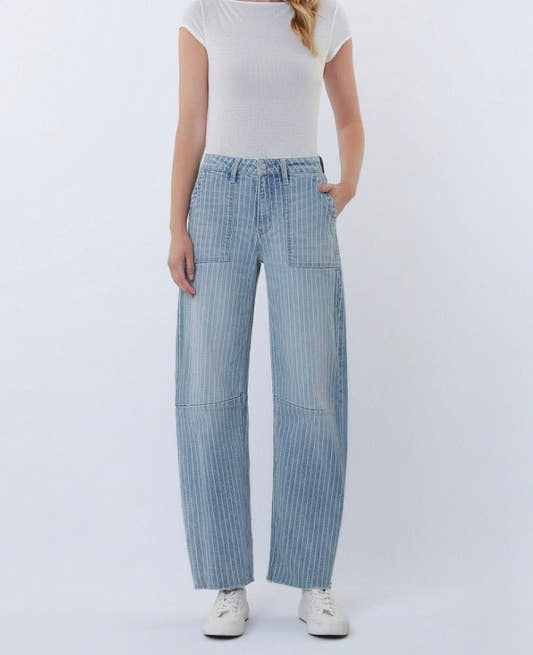 High Rise Striped Raw Hem Crop Barrel Jean - Three:Twelve Boutique - VERVET