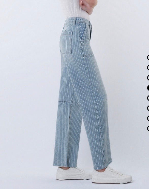 High Rise Striped Raw Hem Crop Barrel Jean - Three:Twelve Boutique - VERVET