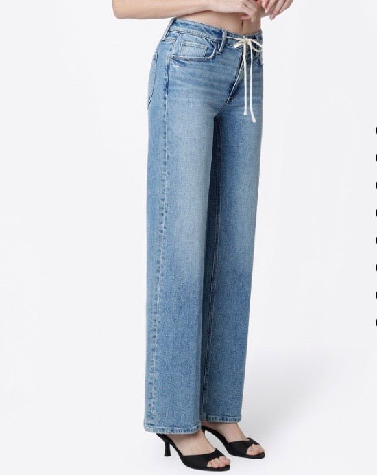 HIGH RISE TROUSER FOLD DRAWSTRING WIDE JEANS - Three:Twelve Boutique - flyingmonkey