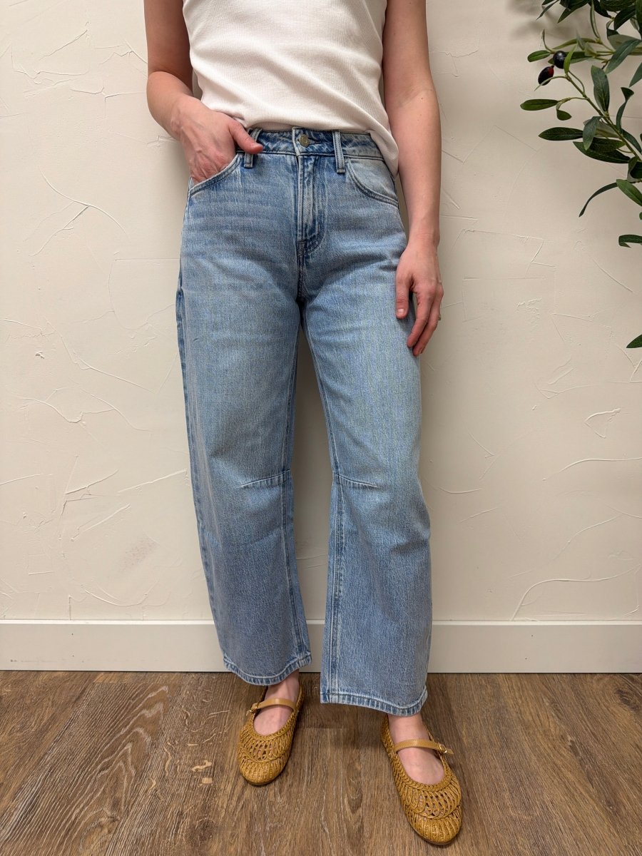 Front view of high rise wide barrel denim on model showing wide leg silhouette — Three:Twelve Boutique