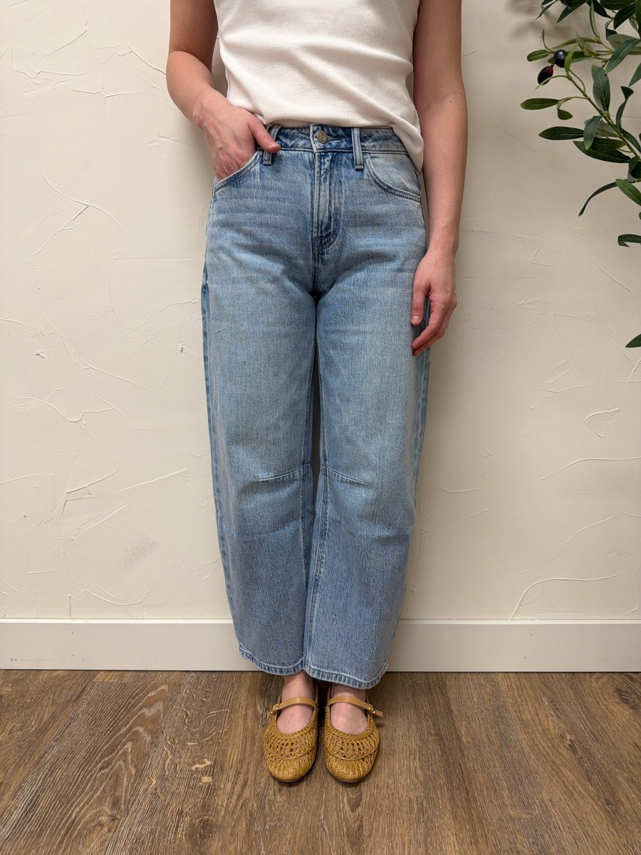 Front view of high rise wide barrel denim on model showing wide leg silhouette — Three:Twelve Boutique