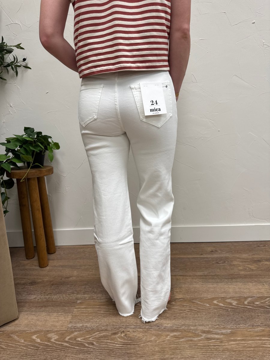 Back view of model wearing wide leg denim jeans showing high rise fit — Three:Twelve Boutique