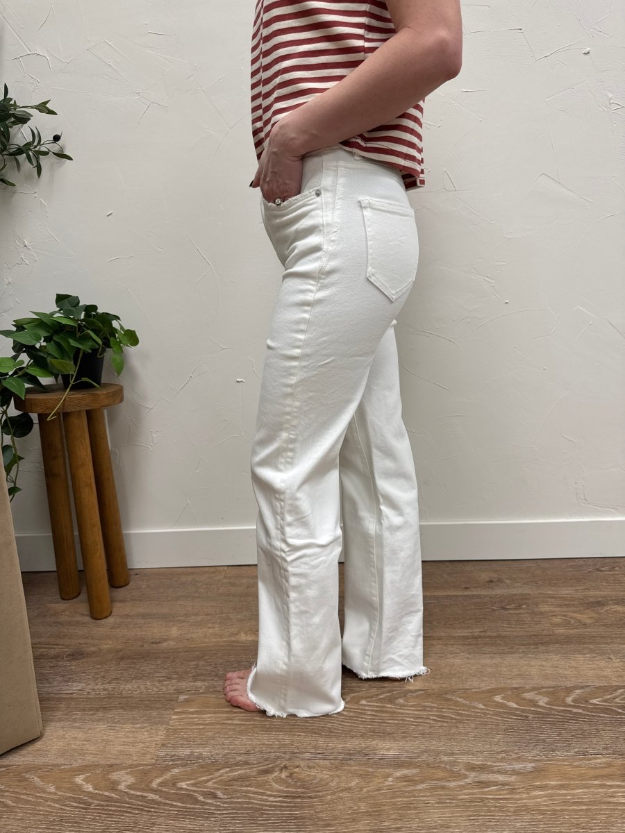 Side view of high rise wide leg jeans showing flowy leg silhouette — Three:Twelve Boutique