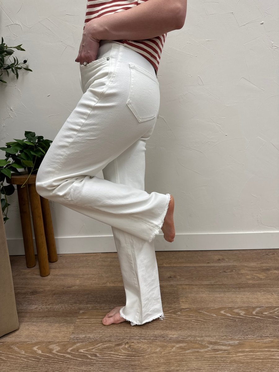 Side view of high rise wide leg jeans showing flowy leg silhouette — Three:Twelve Boutique