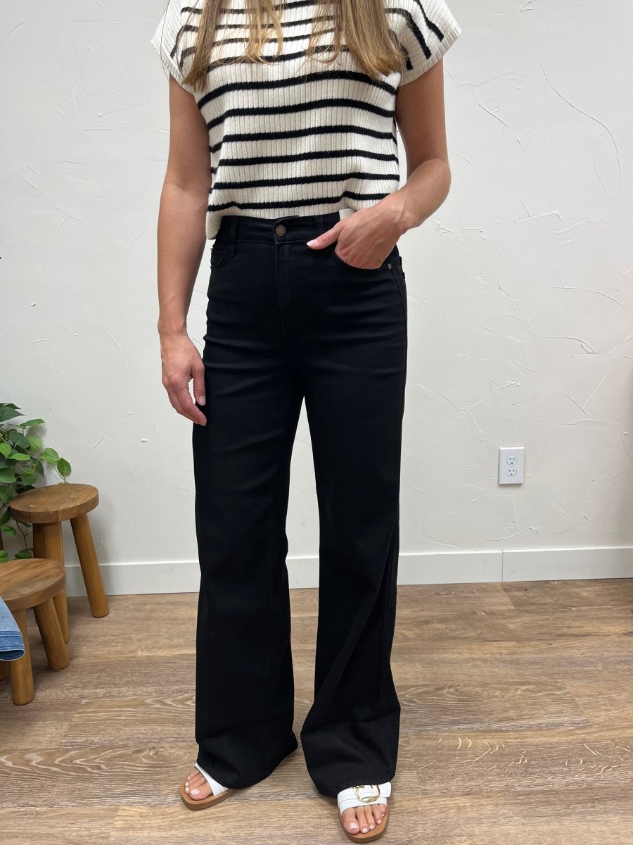 Front view of high waisted Judy Blue retro wide leg jeans with cuffed hem — Three:Twelve Boutique