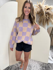 Long Sleeve Irregular Checker Board Sweater