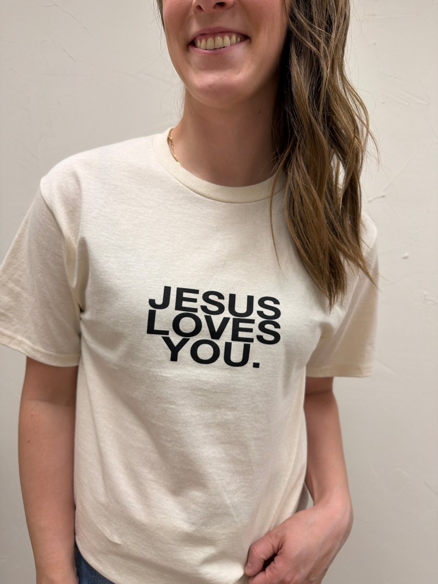 Jesus Loves You Graphic Tee – Sand Tan Faith Statement T Shirt - Three:Twelve Boutique - jesuslovesyoucompany