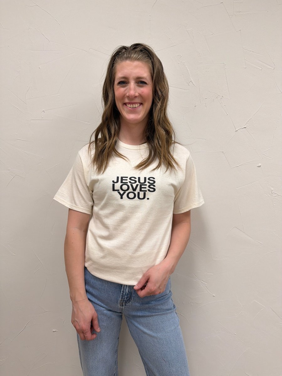 Jesus Loves You Graphic Tee – Sand Tan Faith Statement T Shirt - Three:Twelve Boutique - jesuslovesyoucompany