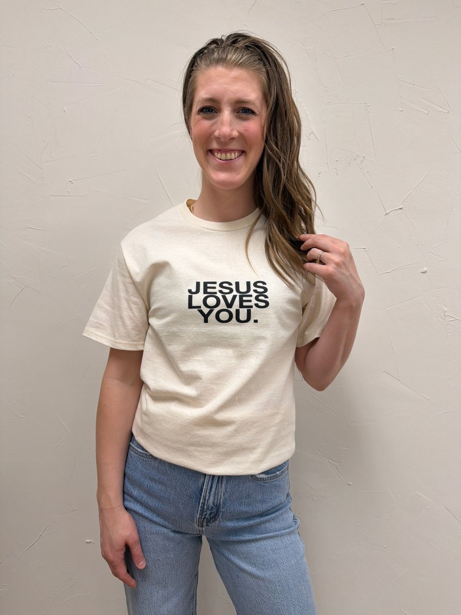 Jesus Loves You Graphic Tee – Sand Tan Faith Statement T Shirt - Three:Twelve Boutique - jesuslovesyoucompany