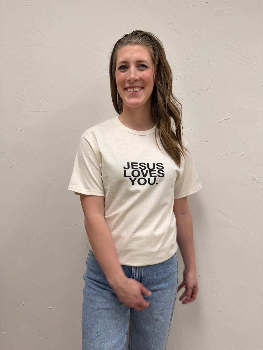 Jesus Loves You Graphic Tee – Sand Tan Faith Statement T Shirt - Three:Twelve Boutique - jesuslovesyoucompany