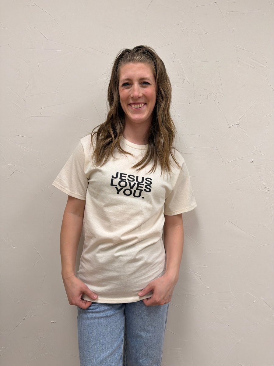 Jesus Loves You Graphic Tee – Sand Tan Faith Statement T Shirt - Three:Twelve Boutique - jesuslovesyoucompany