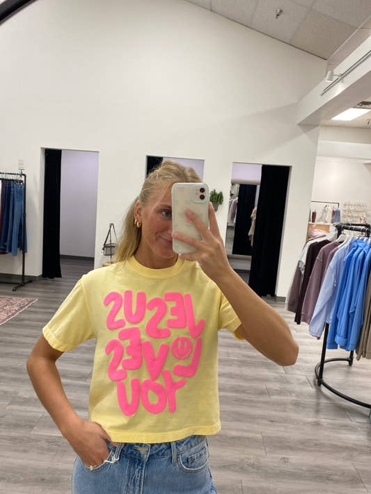 Jesus Loves you Puff Cropped Tee - Three:Twelve Boutique - Poppy + Pine