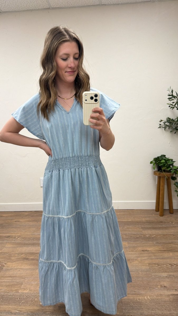 Lifestyle shot of model wearing Junia Dress styled casually — Three:Twelve Boutique