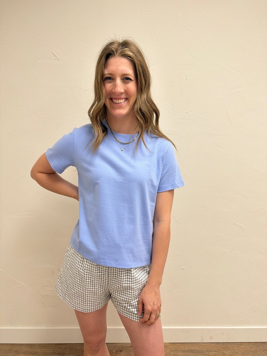 Front view of model wearing Knit Cotton Crew Neck Short Sleeve Tee — Three Boutique