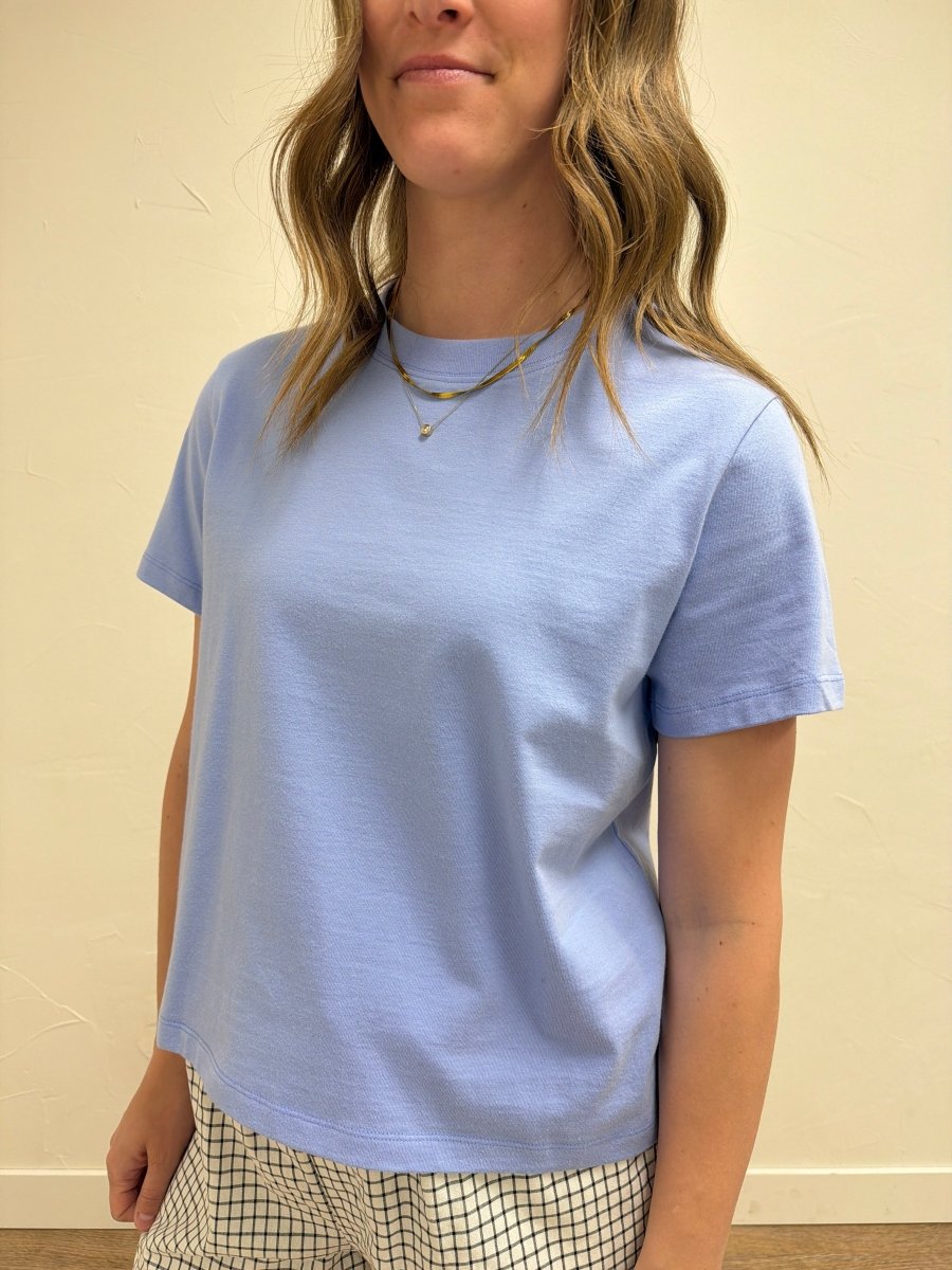 Close up of cotton knit fabric detail on Knit Cotton Crew Neck Short Sleeve Tee — Three Boutique