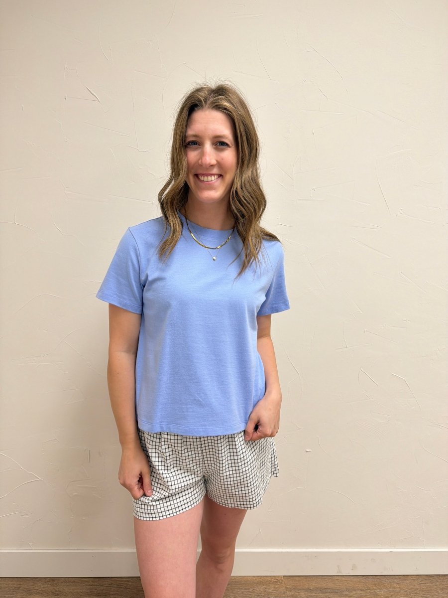 Front view of model wearing Knit Cotton Crew Neck Short Sleeve Tee — Three Boutique