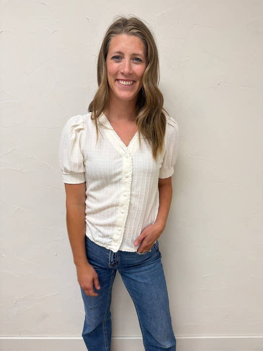 Knit Puff Short Sleeve Button Cardigan - Three:Twelve Boutique - doe and rae