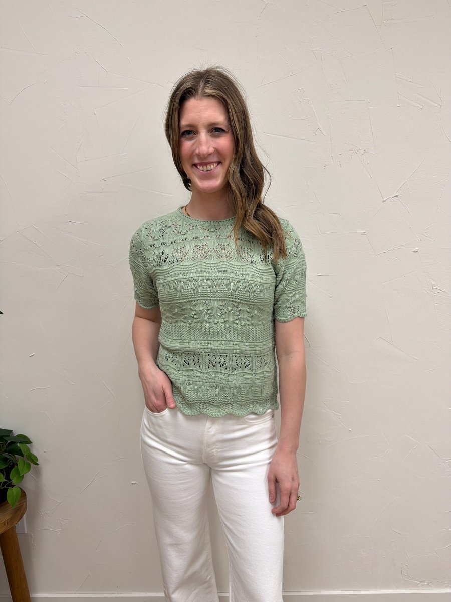 Lifestyle shot of model wearing knit short sleeve top with casual outfit — Three:Twelve Boutique