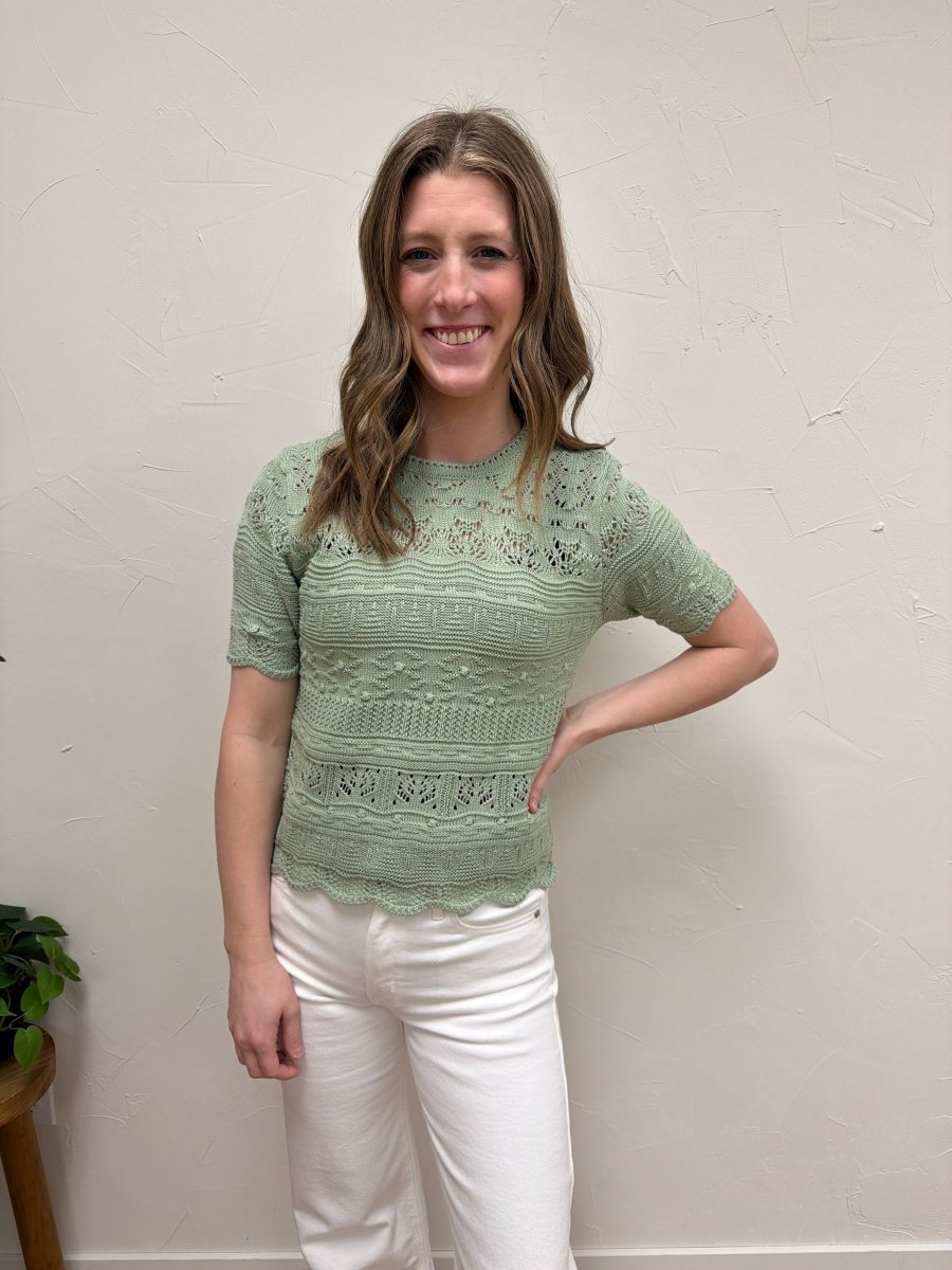 Lifestyle shot of model wearing knit short sleeve top with casual outfit — Three:Twelve Boutique