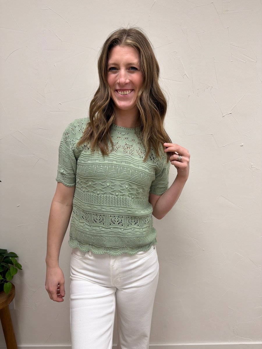 Front view of model wearing knit short sleeve top showing relaxed everyday fit — Three:Twelve Boutique