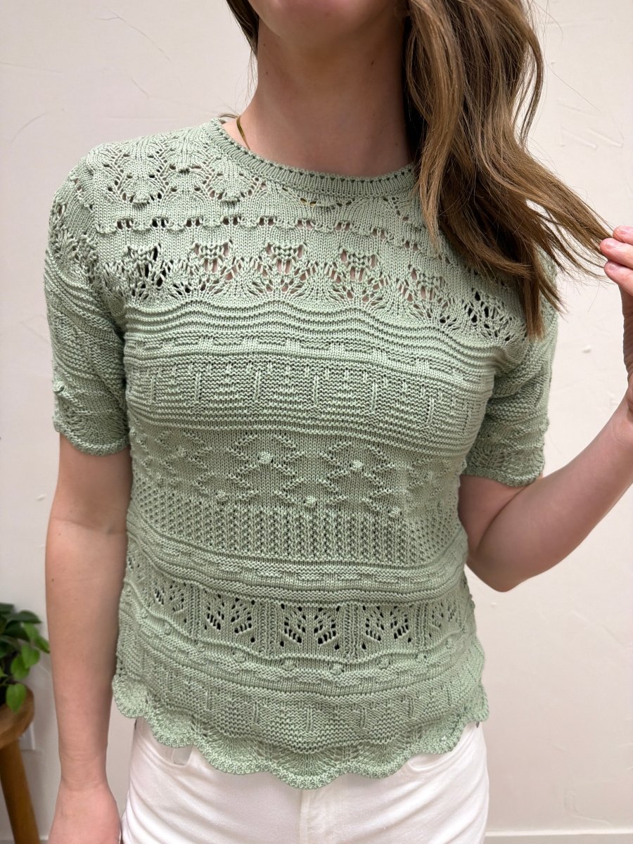 Close up of acrylic cotton knit fabric texture on short sleeve top — Three:Twelve Boutique
