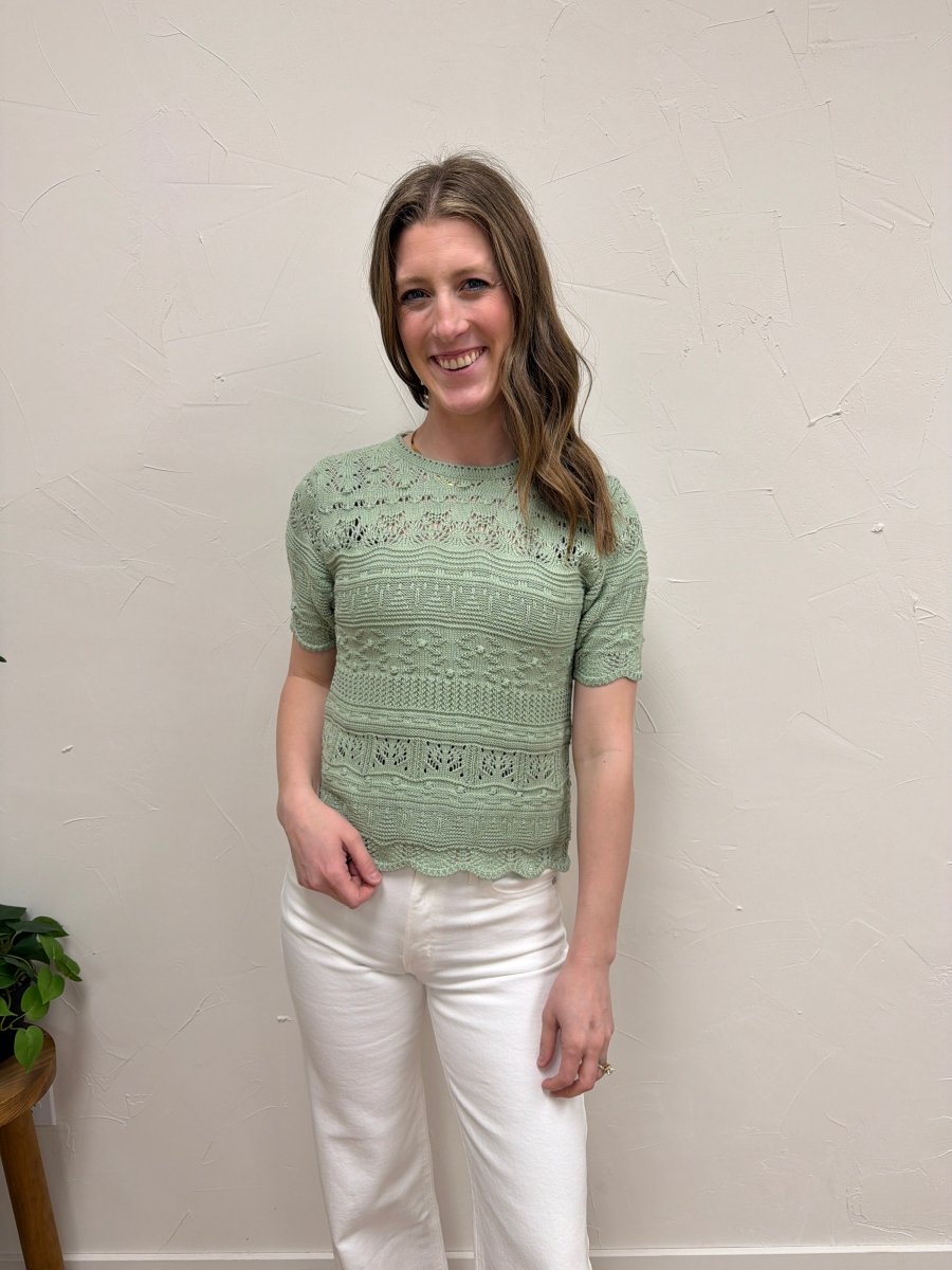 Lifestyle shot of model wearing knit short sleeve top with casual outfit — Three:Twelve Boutique