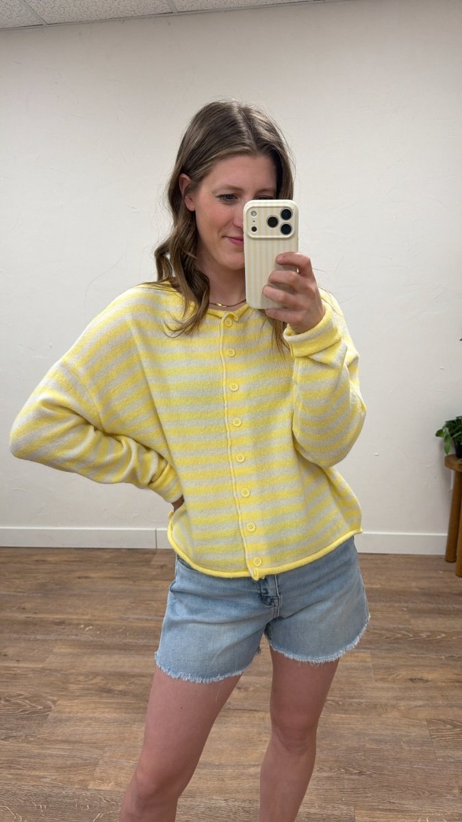 Front view of model wearing knit striped sweater cardigan showing relaxed fit — Three:Twelve Boutique