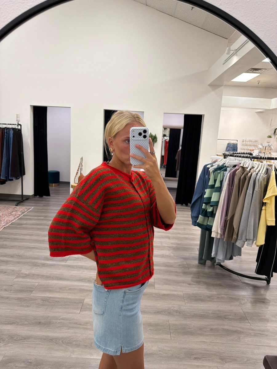Side view of model wearing Women's Striped Knit Quarter Sleeve Cardigan Sweater