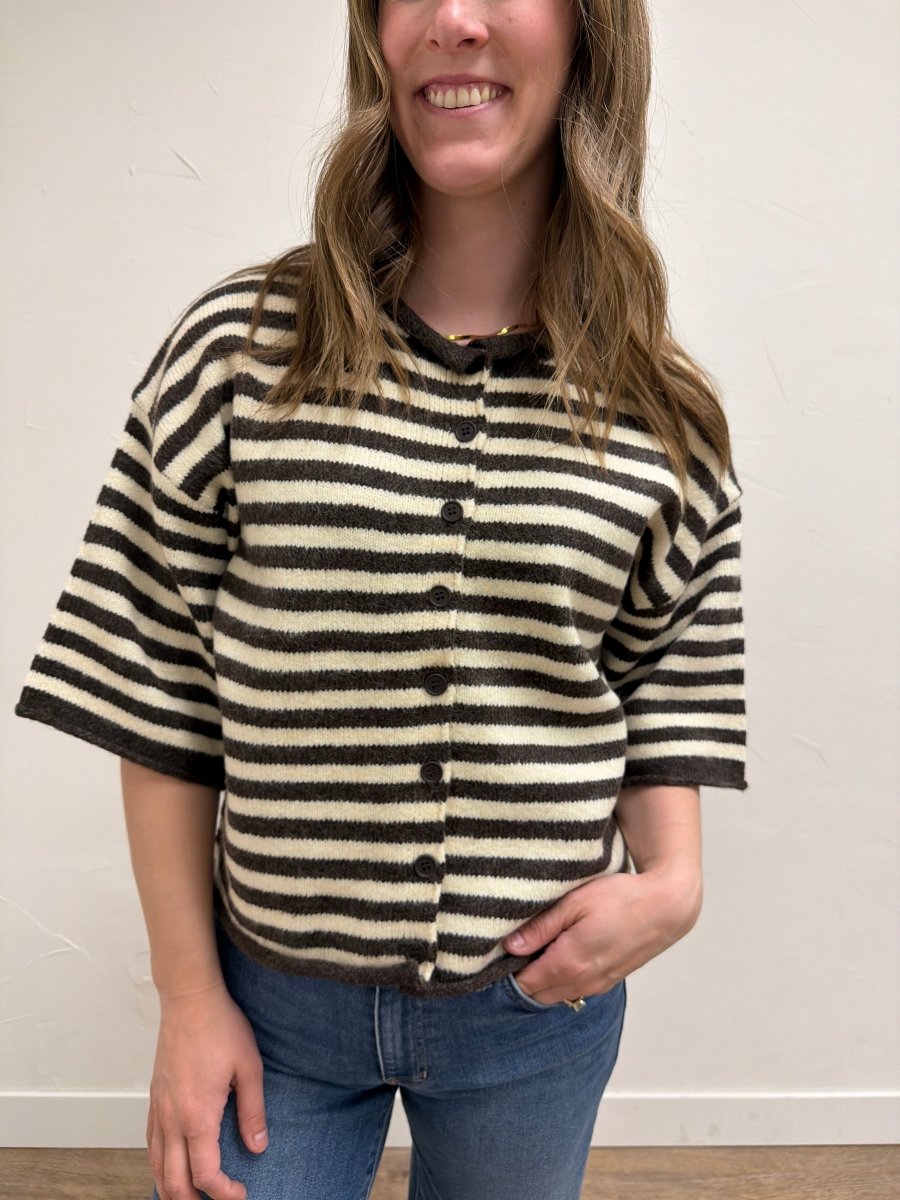 Close-up front view of model wearing Women's Striped Knit Quarter Sleeve Cardigan showcasing striped knit texture