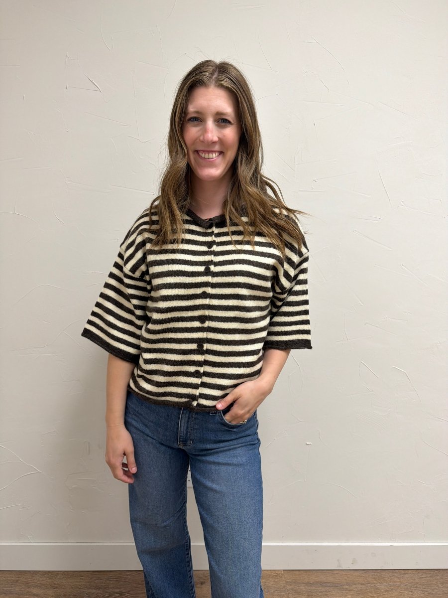 Front view of model wearing Women's Striped Knit Quarter Sleeve Cardigan with boxy fit