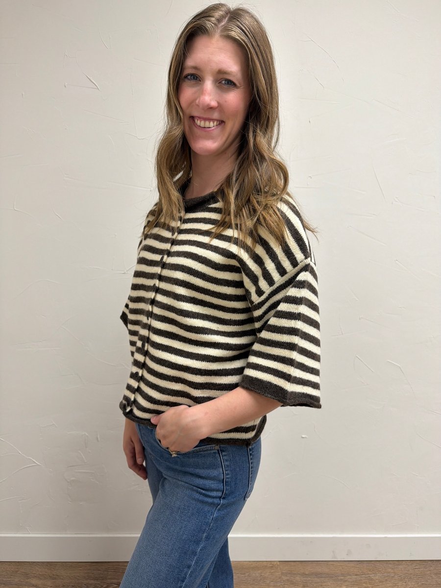Side view of model wearing Women's Striped Knit Quarter Sleeve Cardigan
