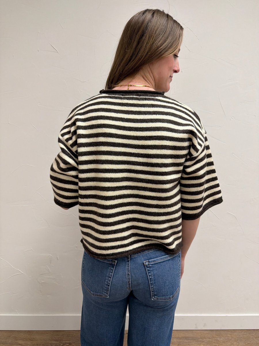 Back view of model wearing Women's Striped Knit Quarter Sleeve Cardigan