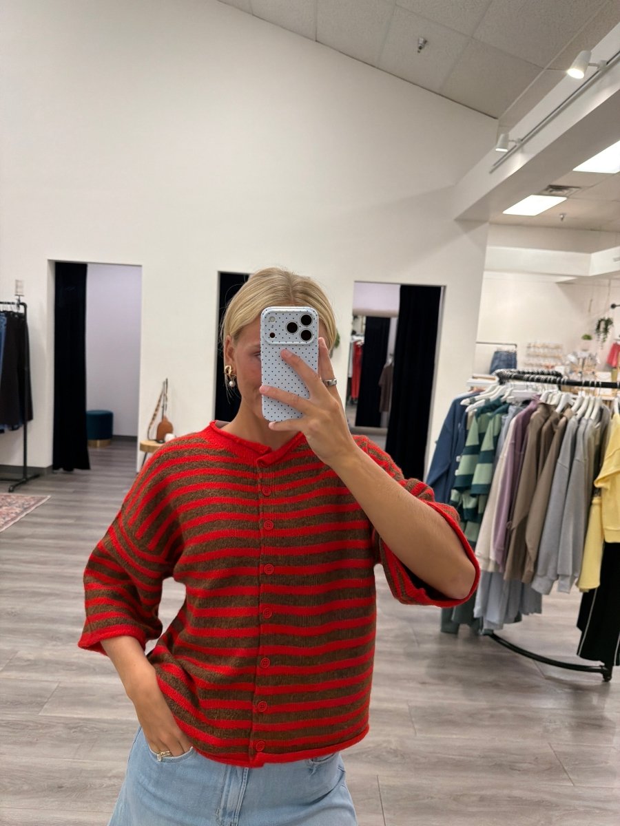 Front view of model wearing Women's Striped Knit Quarter Sleeve Cardigan Sweater with boxy fit