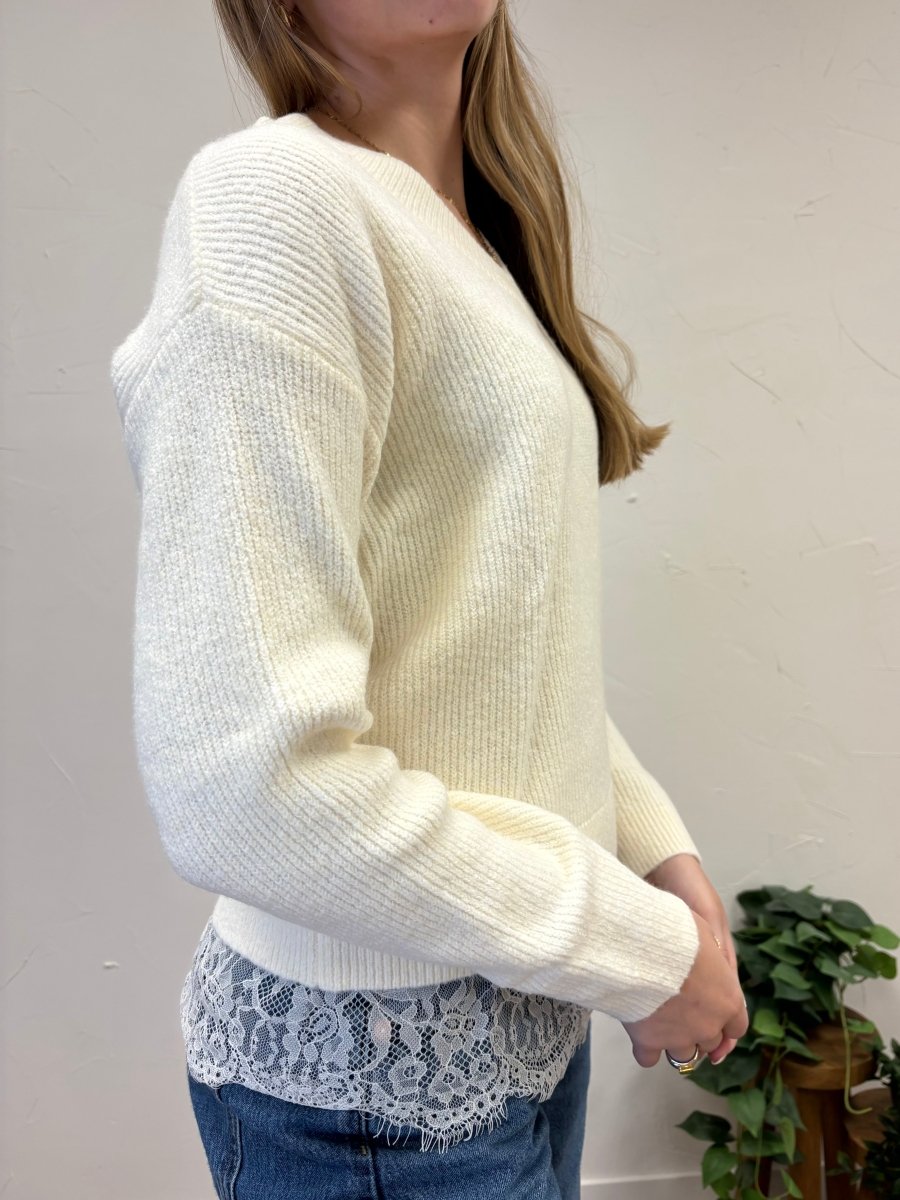 LACE TRIM BRUSHED SWEATER TOP - Three:Twelve Boutique - in february