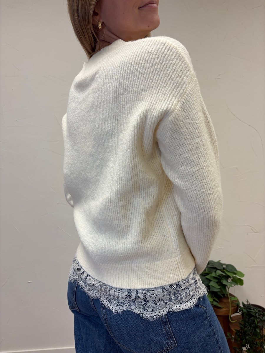LACE TRIM BRUSHED SWEATER TOP - Three:Twelve Boutique - in february