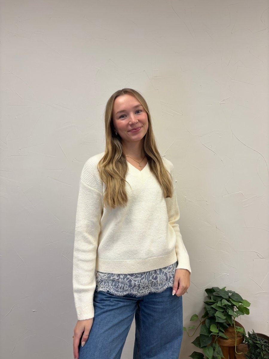 LACE TRIM BRUSHED SWEATER TOP - Three:Twelve Boutique - in february