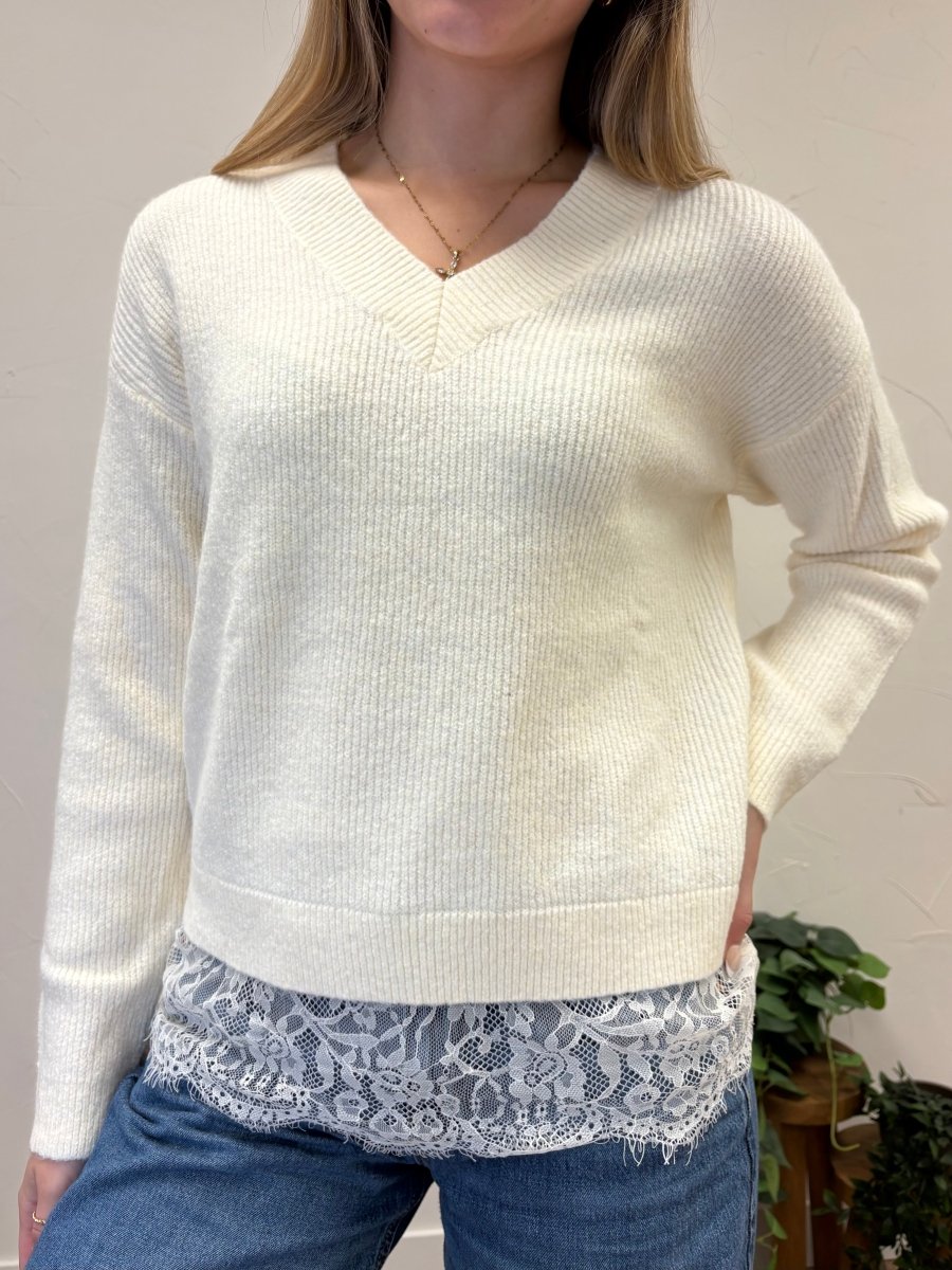 LACE TRIM BRUSHED SWEATER TOP - Three:Twelve Boutique - in february