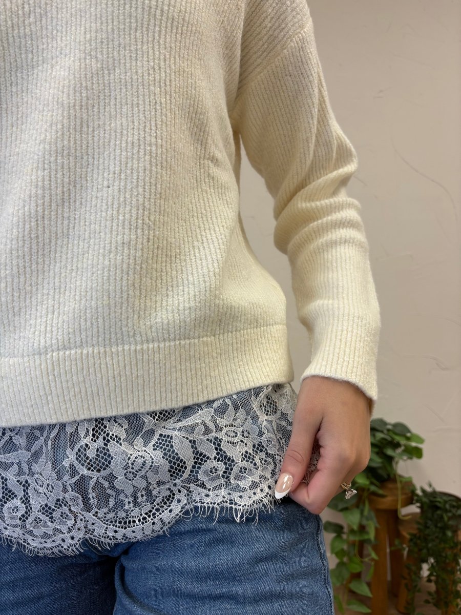 LACE TRIM BRUSHED SWEATER TOP - Three:Twelve Boutique - in february